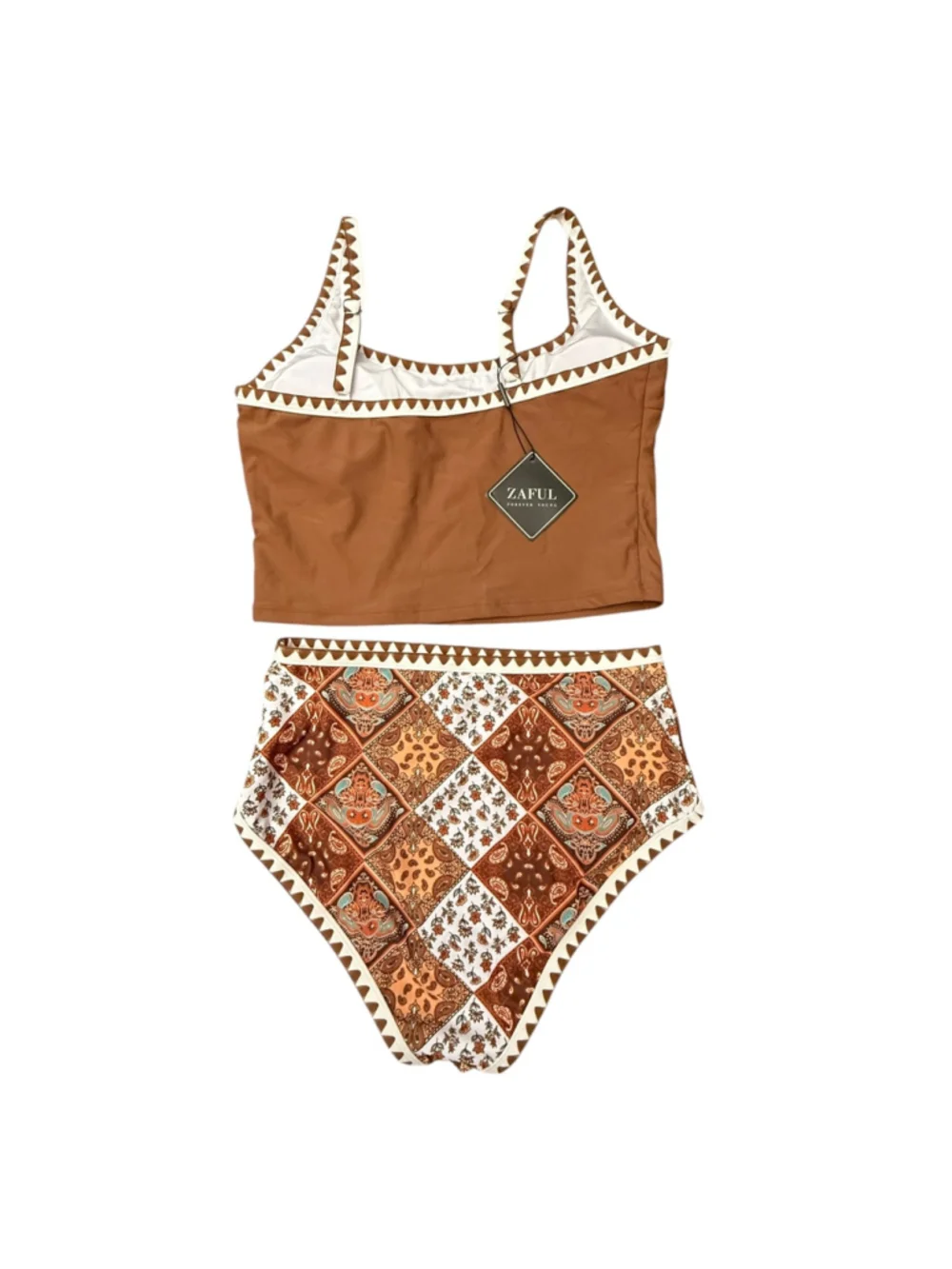 NWT ZAFUL Medium Brown Boho Patchwork High Waist Two Piece Swimsuit